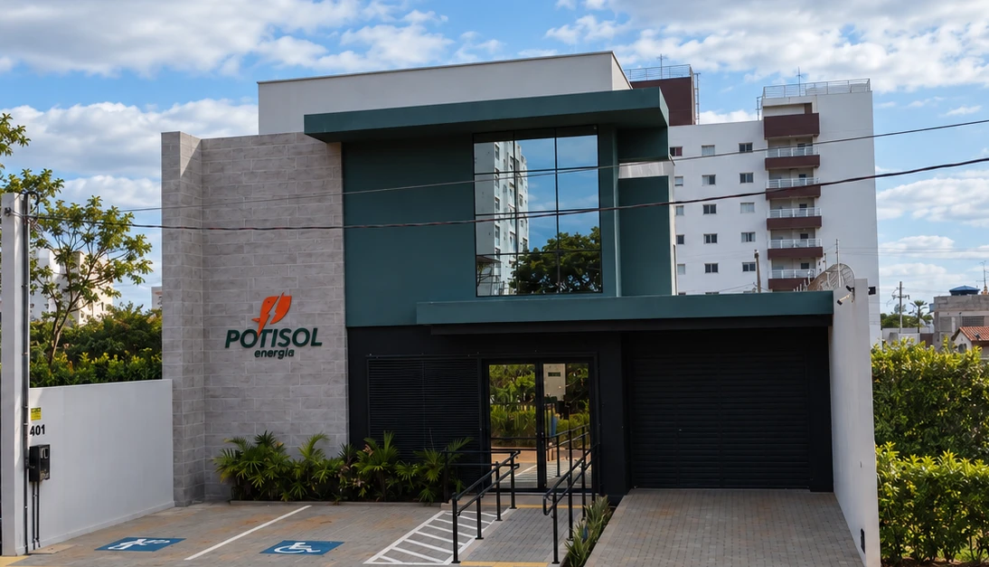 Fachada da sede da Potisol Energia em Mossoró/RN, com o letreiro da marca na parede de pedra